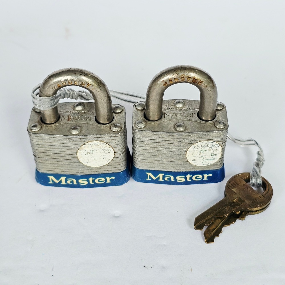 Vintage Master Lock No 3 Laminated Steel Padlock Set Hardened Shackle Keyed Pair